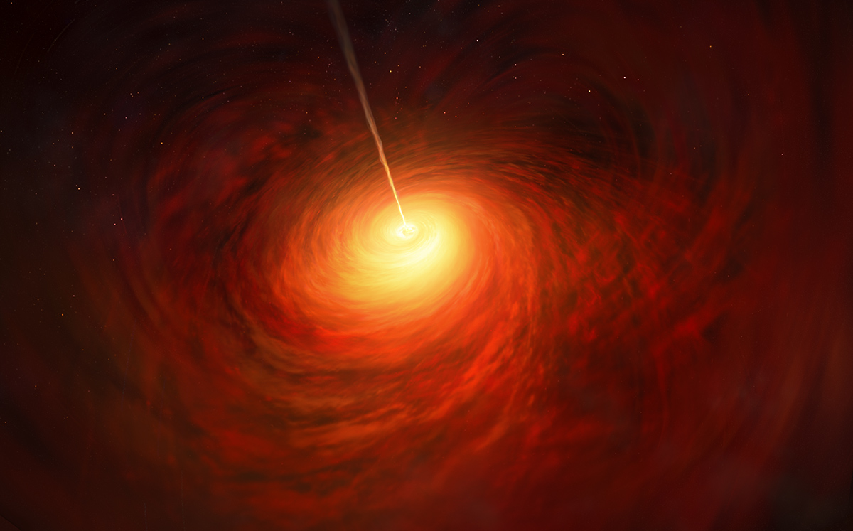 Representación artística muestra el agujero negro en el corazón de la enorme galaxia elíptica Messier 87 (M87)