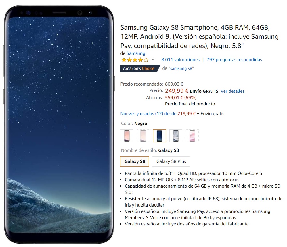 El Samsung Galaxy S8 es un Gama alta viejo solvente, con un precio de derribo en este momento completamente nuevo en Amazon.